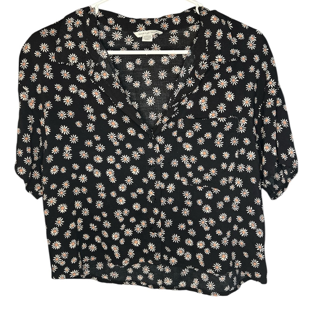 American Eagle Outfitters Black Relaxed Blouse with Notched Collar